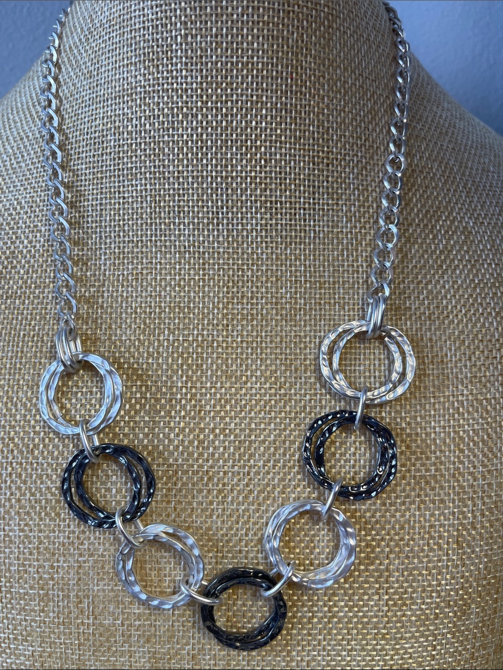 VCLM 16” w/ 3” extender silver and gunmetal hammered rings necklace